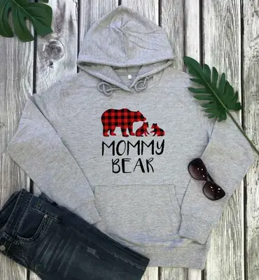 White Mommy Bear Hoodie with Plaid Elephant Print