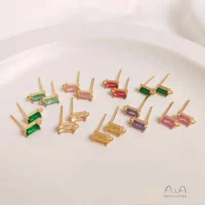 14K Gold Rectangular Zircon Earrings with Hanging Design