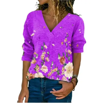 Women V-Neck Floral Pullover T-Shirt Brown