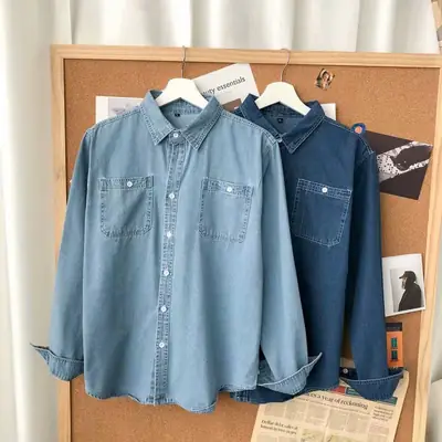 Men Denim Long Sleeve Shirt Blue Plus Size Loose Fit