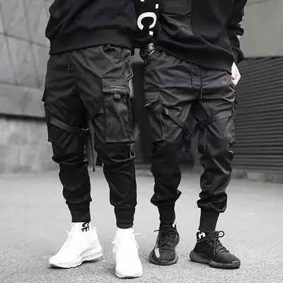 Men Black Multi-Pocket Casual Pants with Drawstring Waist
