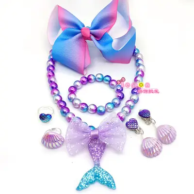 Pink Mermaid Tail Bow Necklace Set for Girls