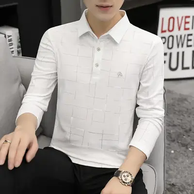 Men Long Sleeve Polo Shirt Pink Grid Ice Silk Pattern