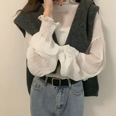 Ruffled Half-High Collar Top with Bell Sleeves Chiffon Base