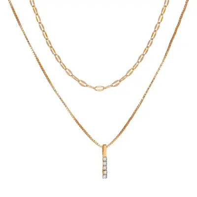 Silver Double Layer Necklace with Rectangular Pendant