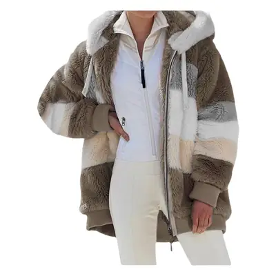 Women Hooded Jacket Brown Plush Warm Winter Coat