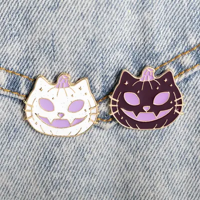 Halloween Cat Brooch Purple White & Black