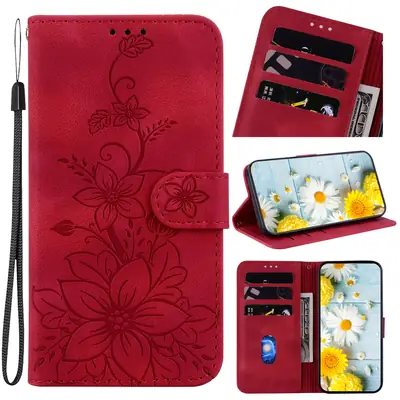 Red Leather Flip Phone Case A70 with Card Slots