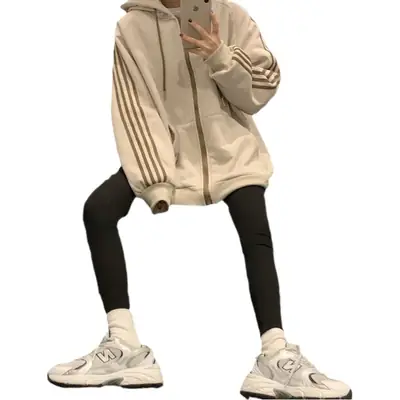 Women's Hooded Fleece Sweatshirt Beige Loose Fit Winter Casual