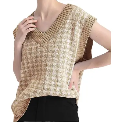 Women's New Houndstooth Knitted Vest V-Neck Sleeveless