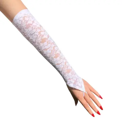 White Lace Long Sleeve Hook Finger Gloves for Weddings & Stage
