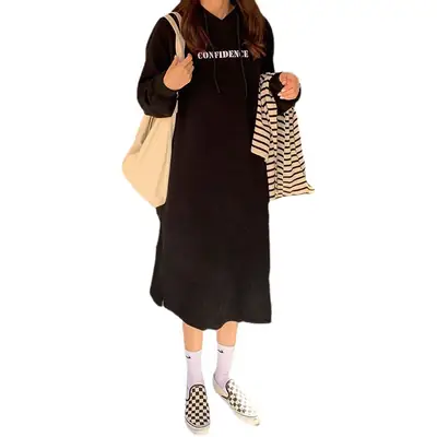Fleece Lined Hooded Letter Sweatshirt Women Long Dress