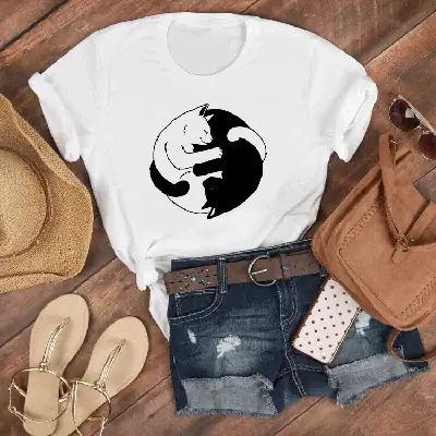 Pink Yin Yang Cat Print T-Shirt Short Sleeve