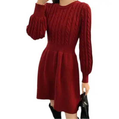 Women Knitted Waistcoat Dress Red 2025 Winter