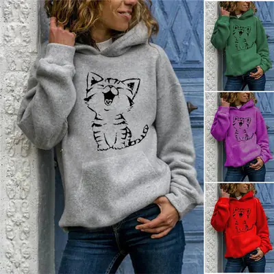 Green Hooded Pullover with Cat Print for Women