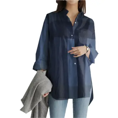 Women's Blue Patchwork Long Sleeve Shirt Autumn Winter Loose Casual