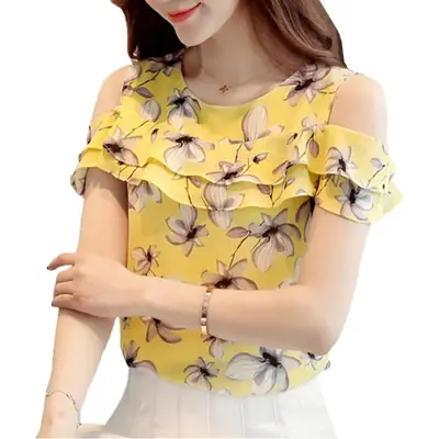 New Women Printed Off Shoulder Chiffon Shirt Top T-Shirt
