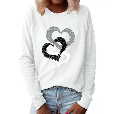 Women's Valentine's Heart Print Sweatshirt White Long Sleeve