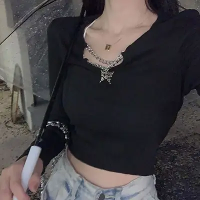 Women Long Sleeve Black T-Shirt Slimming Korean Style