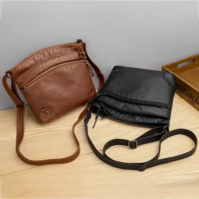 Black Leather Shoulder Bag for Women Retro Multi Compartment
