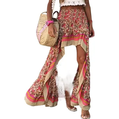 Women's Printed Long Skirt Blue Yellow High Waist