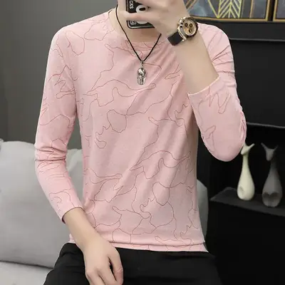 Men's Beige V-Neck Long Sleeve T-Shirt Slim Fit