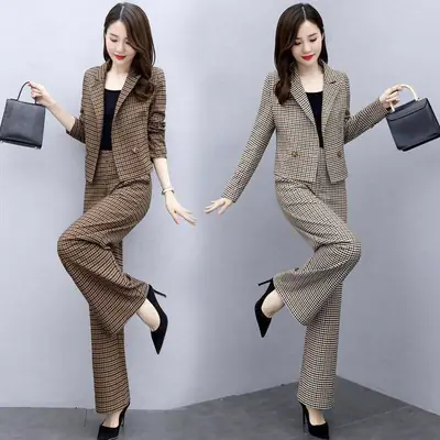 Women Houndstooth Trousers Set 2023 Elegant Wide Leg Pants