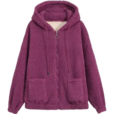 Women Fleece Hooded Coat Brown Thickened Autumn Winter