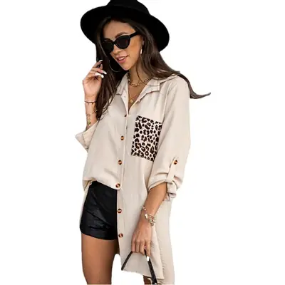 Women Leopard Print Crossbody Shirt White Loose Sleeve