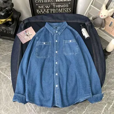 Men's Blue Denim Long Sleeve Shirt with 3 Pockets