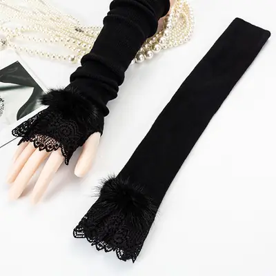 Black Knitted Winter Arm Covers with Lace Trim