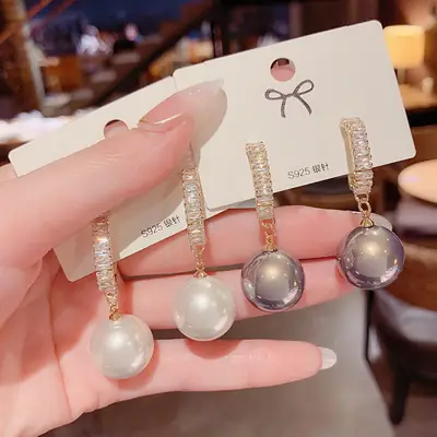 Pearl Drop Earrings with Zircon Top Band 925 Silver