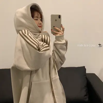 Women Fleece Zipper Cardigan Jacket Beige Loose All-match