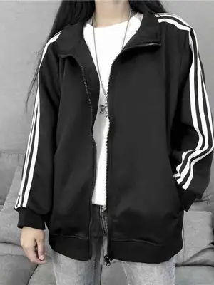 Women 2024 Black Three Stripe Jacket Loose Fit Korean Style