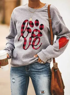 Love Color Printed Round Neck Sweater Grey