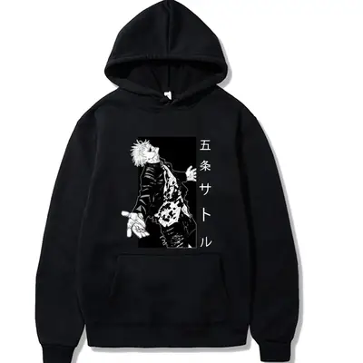Men Grey Hoodie with Anime Print Fleece