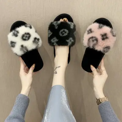 Foreign trade Amazon autumn and winter new large fur flat slippers Women's Home non-slip rabbit fur open cotton slippers wholesale