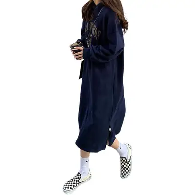 2020 Korean Letter Print Velvet Hooded Dress for Women