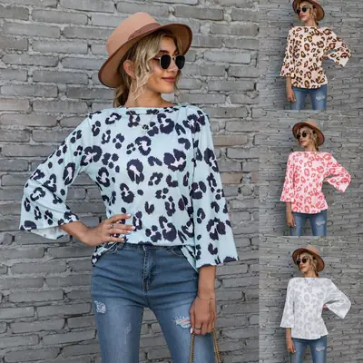Hot Leopard Print Crewneck T-Shirt with Nine-Tilt Sleeve