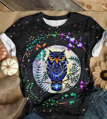 3D Printed Owl T-Shirt Women Brown Loose Round Neck
