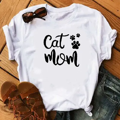 Cat Mama Printed Green T-Shirt Short Sleeve