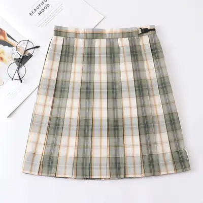 Japanese Plaid Folded Skirt Green Beige School Uniform