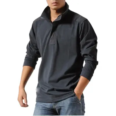 Men Grey Long Sleeve Zipper Polo Shirt Large