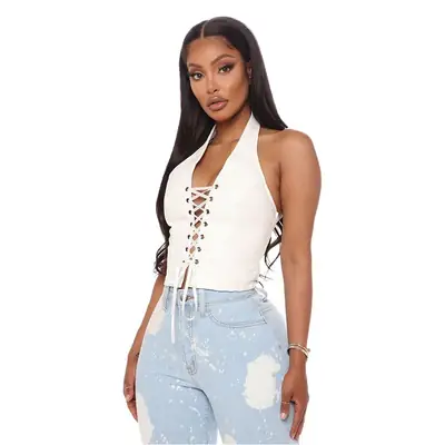 2021 Black Lace Up Sleeveless Top with High Waist Jeans