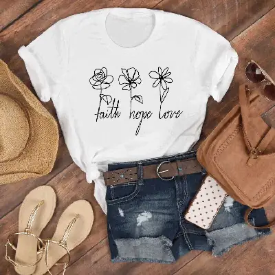 Faith Hope Love 3 Flower Short Sleeve T-Shirt Yellow