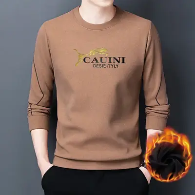 Men Fleece Dragon Print T-Shirt Brown