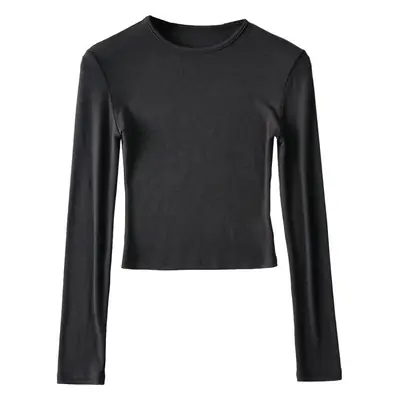 Black Slim Fit Navel Exposed Long Sleeve T-Shirt for Women