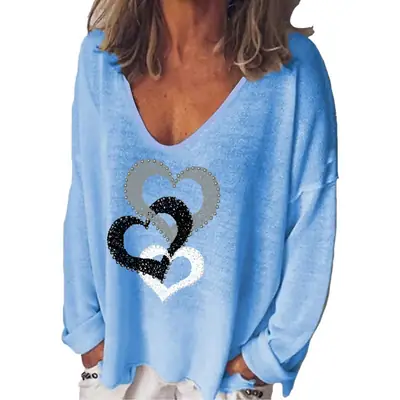 Women V Neck Heart Print Long Sleeve T-Shirt Cream