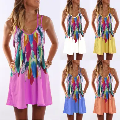 Printed Feather Dress for Women Spring Summer A-Line Skirt