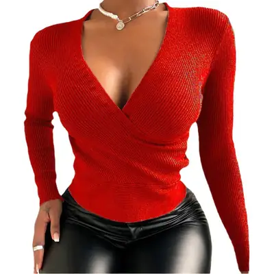 Women's Red Rib Knitted V-Neck Top 2024